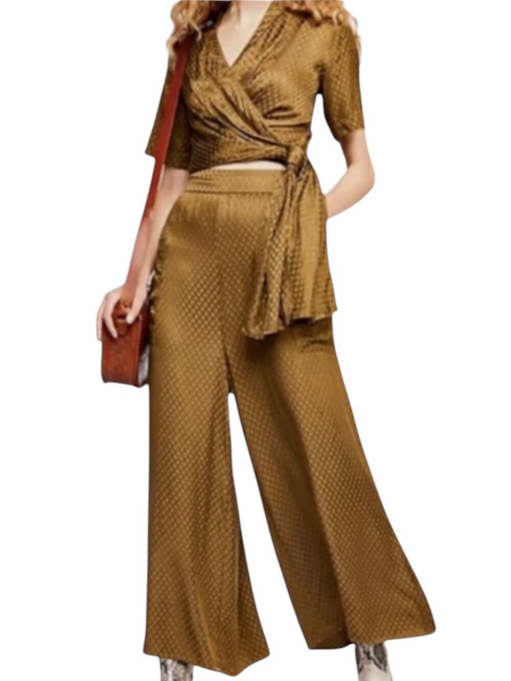 Free People Morning Dove Set Wrap Crop Top Wide Leg High Waist Pants M